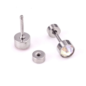 Detailed view of stainless steel stud earrings with rainbow zircon and screw back closure