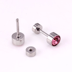 Detail of pink crystal stud earrings with secure stainless steel screw-back closure