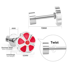 Détail de boucles d'oreilles fleurs en émail rouge avec fermoir à vis de 6,5 mm de diamètre