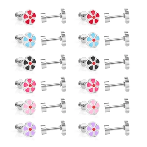 Lot de boucles d'oreilles fleurs colorées en acier inoxydable avec émail et fermoir à vis