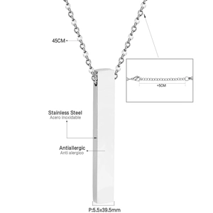 Detail view of silver bar pendant necklace with lobster clasp and extension chain length