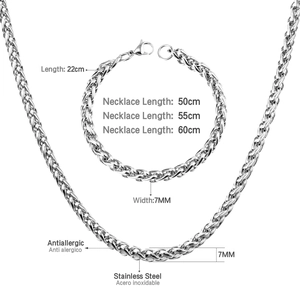 7mm stainless steel chain necklace and bracelet set with wheat link texture in silver