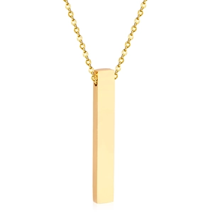 Detail view of a minimalist gold bar pendant necklace with a polished mirror finish