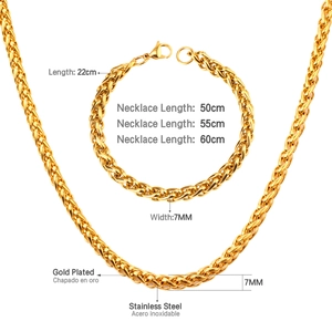 7mm gold plated stainless steel wheat chain necklace and bracelet set specifications