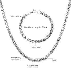 7mm stainless steel wheat chain necklace and bracelet set with size specifications