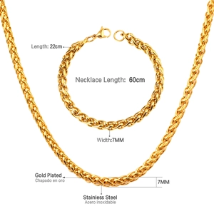 Detailed view of 7mm gold-plated stainless steel wheat chain necklace and bracelet set