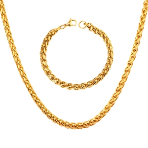Golden 7mm Cuban wheat chain necklace and bracelet set with lobster clasp for men
