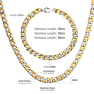 8mm zweifarbiges Edelstahl-Cuban-Ketten-Set mit Größen- und Materialangaben