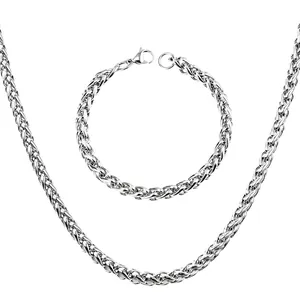 Men Wheat Chain Necklace And Bracelet Stainless Steel Braided Spiga Link Hip Hop Punk Gothic Bold Accessory Jewelry