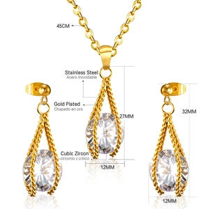 Detail of gold-plated stainless steel jewelry set with dimensions and white zircon stones