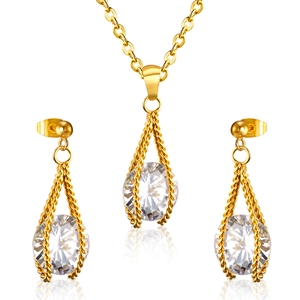 Gold-plated twist rope jewelry set with white round zircon pendant necklace and earrings