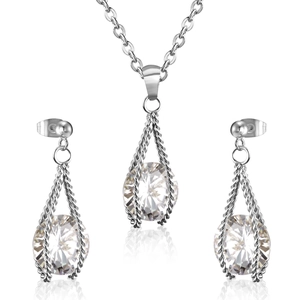 Elegant silver teardrop cage jewelry set with round white crystals and matching earrings