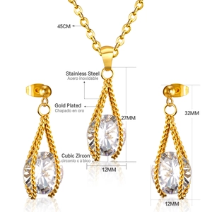 Gold-plated stainless steel jewelry set featuring hollow pendants with white cubic zirconia