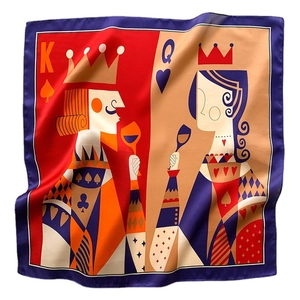 Pañuelo cuadrado de seda de morera con diseño de póker de rey y reina y arte geométrico