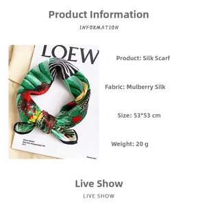 Detailed spec view of 53x53cm mulberry silk square scarf with tropical floral print