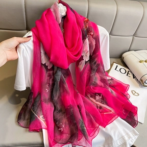 Elegant Floral Print Scarf Shawl Lightweight Imitation Satin Sun Protection Beach Wrap Breathable Fashion For Women