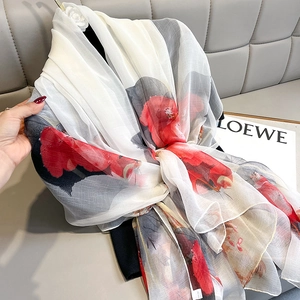 Elegant floral silk scarf with red blossoms on white background, 100% pure silk long shawl