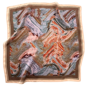 Square mulberry silk scarf with oil painting patterns and striped borders on white background