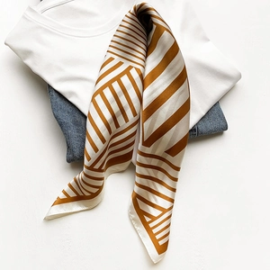 Classic striped silk-feel scarf with geometric brown and beige patterns for women