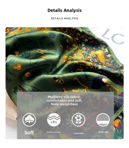 Detail view of premium mulberry silk scarf featuring vintage floral and fruit pattern prints