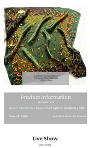 Detail of 100% mulberry silk scarf featuring dark green floral and bird patterns