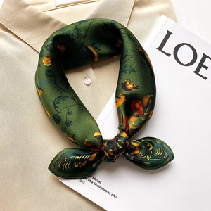 Mulberry Satin Square Scarf Green Floral Bird Print Retro Elegant Hair Neck Accessory Fashion Women Vintage