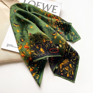 Fashionable dark green silk feeling square scarf with vintage lion and floral patterns
