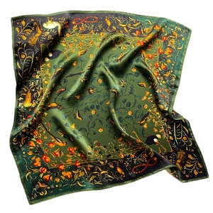 Satin olive green square scarf with vintage bird and floral prints in a folded view
