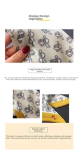 Detail of premium twill silk scarf showing floral pattern and double-sided stitching