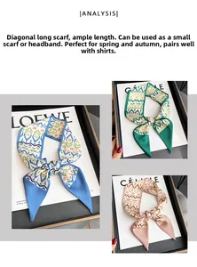 Detail of three narrow silk scarves with geometric prints in blue, green, and pink