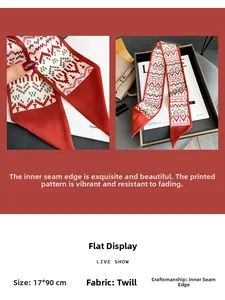 Detail of red and white geometric twilly scarf with fine twill texture and internal stitching