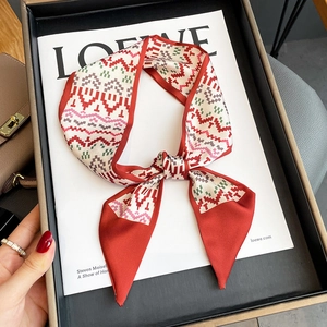 Geometric Pattern Narrow Satin Like Scarf Fashion Ribbon Hair Band Headband Handbag Accessory For Women