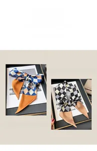 Détail d'un foulard étroit en soie avec motif géométrique et imprimé papillon