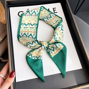 Narrow silk twilly scarf with geometric print tied in a bow on a white display board
