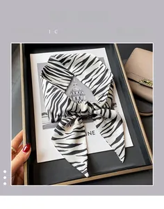 Vue détaillée d'une écharpe en soie avec motif zèbre dans un coffret cadeau chic