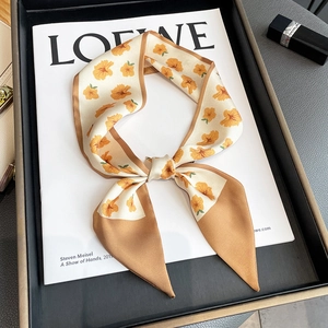 Floral Print Narrow Skinny Scarf For Women Bag Handle Wrap Hairband Necktie Elegant Polyester Twill Decorative Accessory