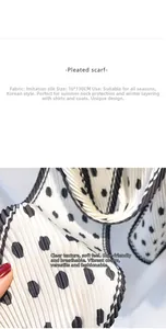 Close-up of pleated imitation silk scarf with white polka dots on black, size 10x130CM