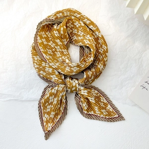 Floral crinkle pleated silk scarf in mustard yellow with polka dots and dark brown edges