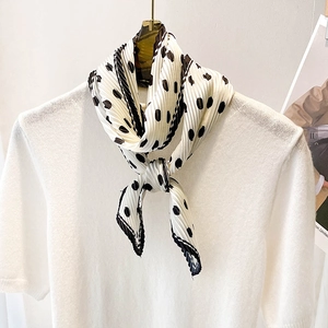 Women Polka Dot Plissé Skinny Scarf Pleated Imitation Satin Neck Tie Hair Band Bag Accessory Fashion Long Wrap