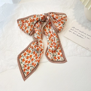Women Pleated Skinny Scarf Floral Print Polyester Satin Feel Long Thin Elegant Retro Neck Tie Hair Band Bag Ribbon