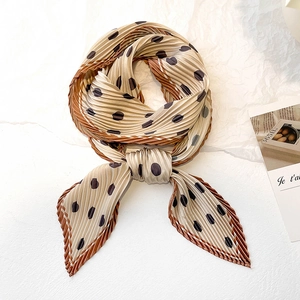 French style polka dot pleated silk scarf in apricot with brown spots for women's neckwear
