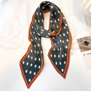 Polka dot pleated silk scarf in dark grey with orange border, stylish French necktie
