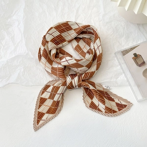 Brown and white plaid pleated silk scarf tied in a stylish bow for women accessories