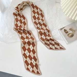 Skinny Pleated Scarf Faux Satin Argyle Checkerboard Pattern Long Narrow Neck Tie Hair Band French Style For Women