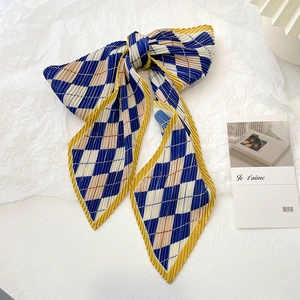 Plaited diamond pattern silk scarf with blue-yellow checks for hair or neck styling