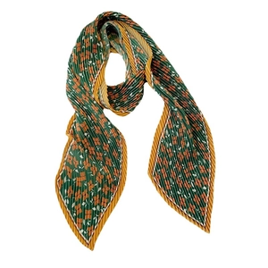 Floral pleated long silk scarf in dark green with orange floral patterns and yellow trim