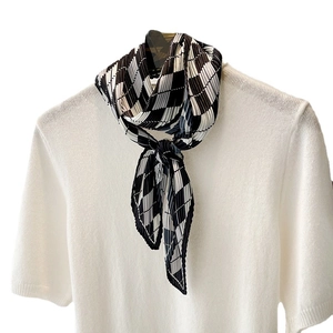 French style accordion pleated diamond check scarf in black white and brown colors