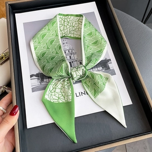 Élégant foulard twilly en soie vert et blanc à motifs géométriques sur plateau noir