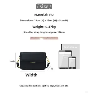 Comparaison de taille du sac bandoulière en cuir PU noir avec dimensions et capacité interne