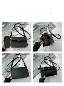 Vues détaillées du sac bandoulière en cuir noir avec fermoir doré sous quatre angles